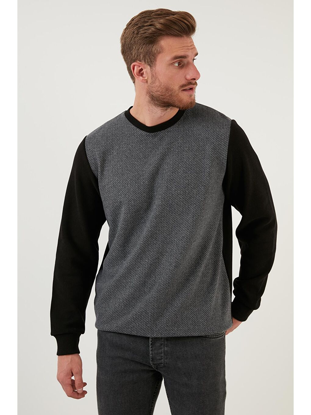 Antrasit Pamuklu Regular Fit Bisiklet Yaka Erkek Sweat 59052111