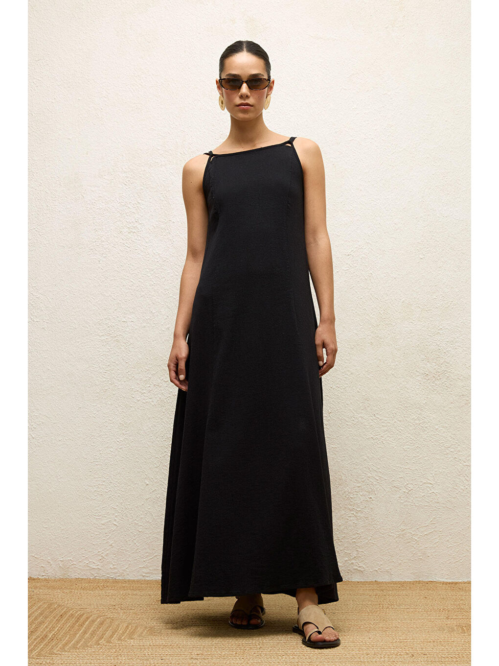 Siyah Askılı Pamuklu Elbise Natural-3