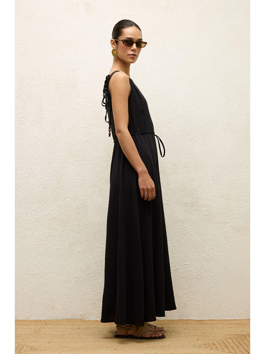 Siyah Askılı Pamuklu Elbise Natural-4