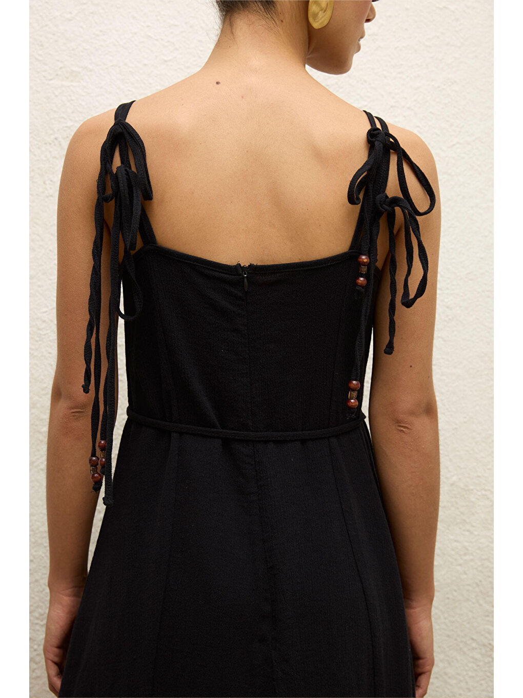 Siyah Askılı Pamuklu Elbise Natural-5