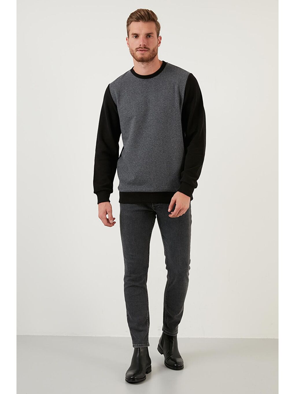 Antrasit Pamuklu Regular Fit Bisiklet Yaka Erkek Sweat 59052111-2