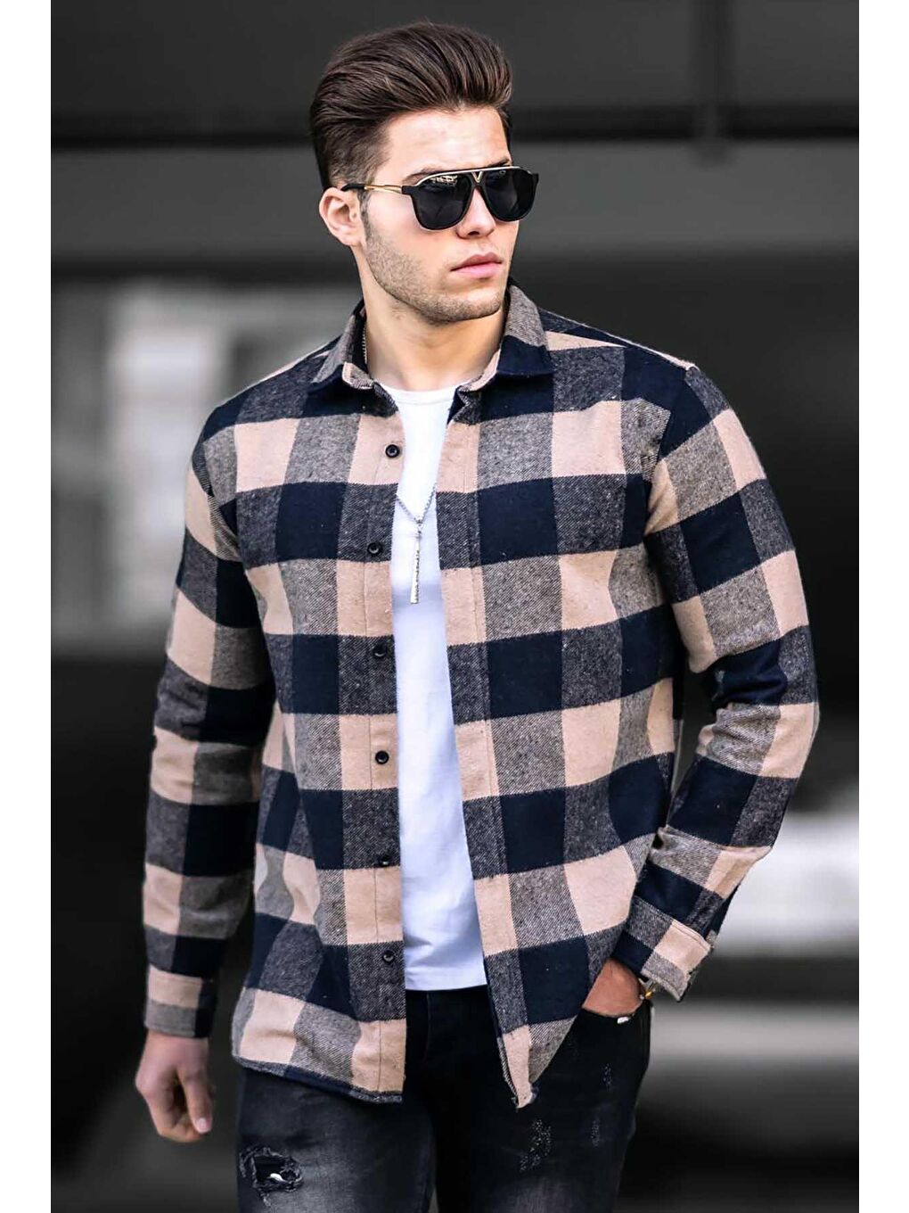 Ekoseli Bej %100 Pamuk Oduncu Gömlek 4664