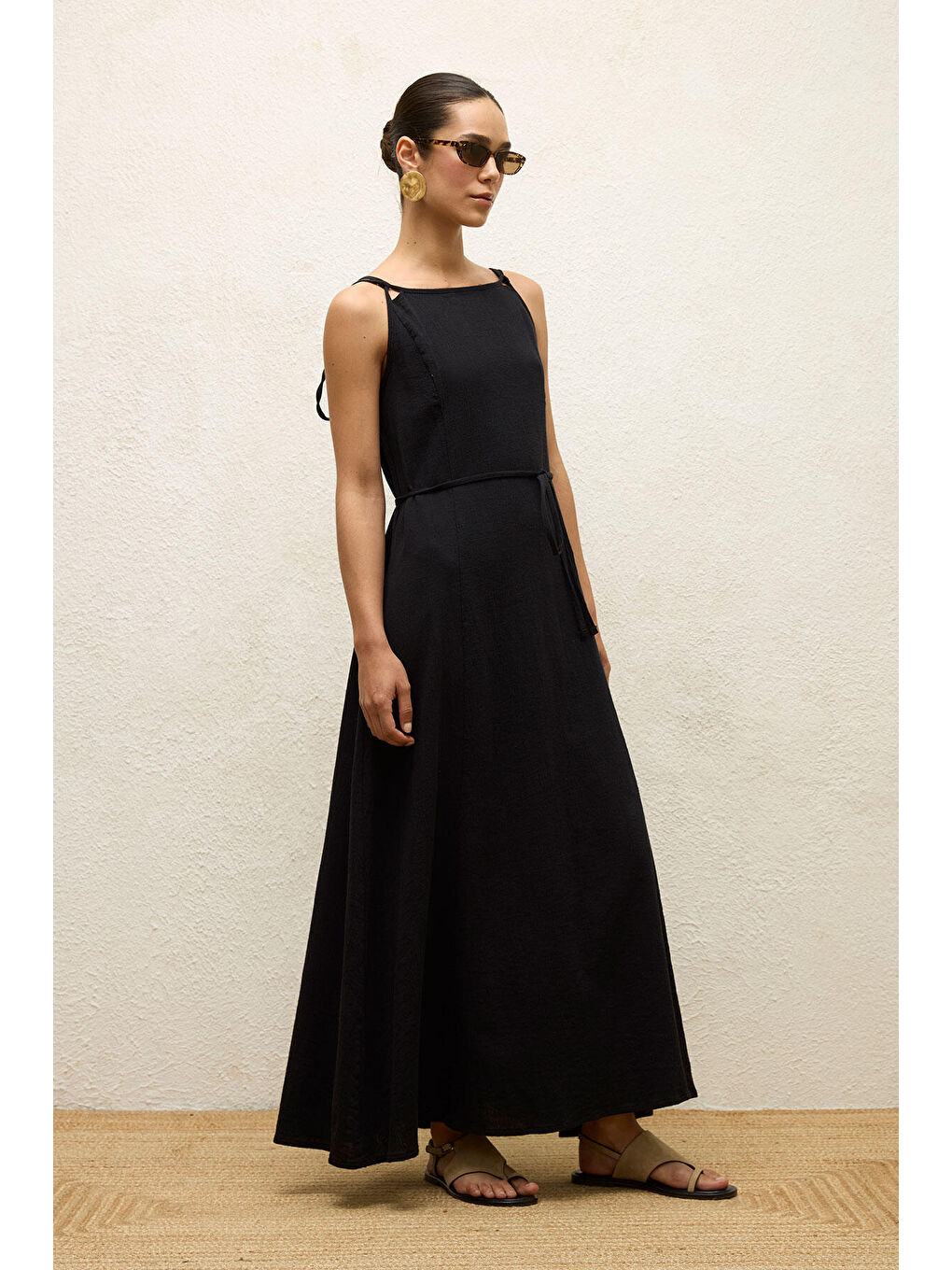 Siyah Askılı Pamuklu Elbise Natural-6