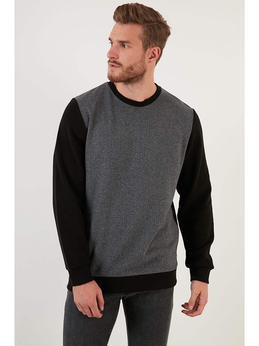 Antrasit Pamuklu Regular Fit Bisiklet Yaka Erkek Sweat 59052111-3