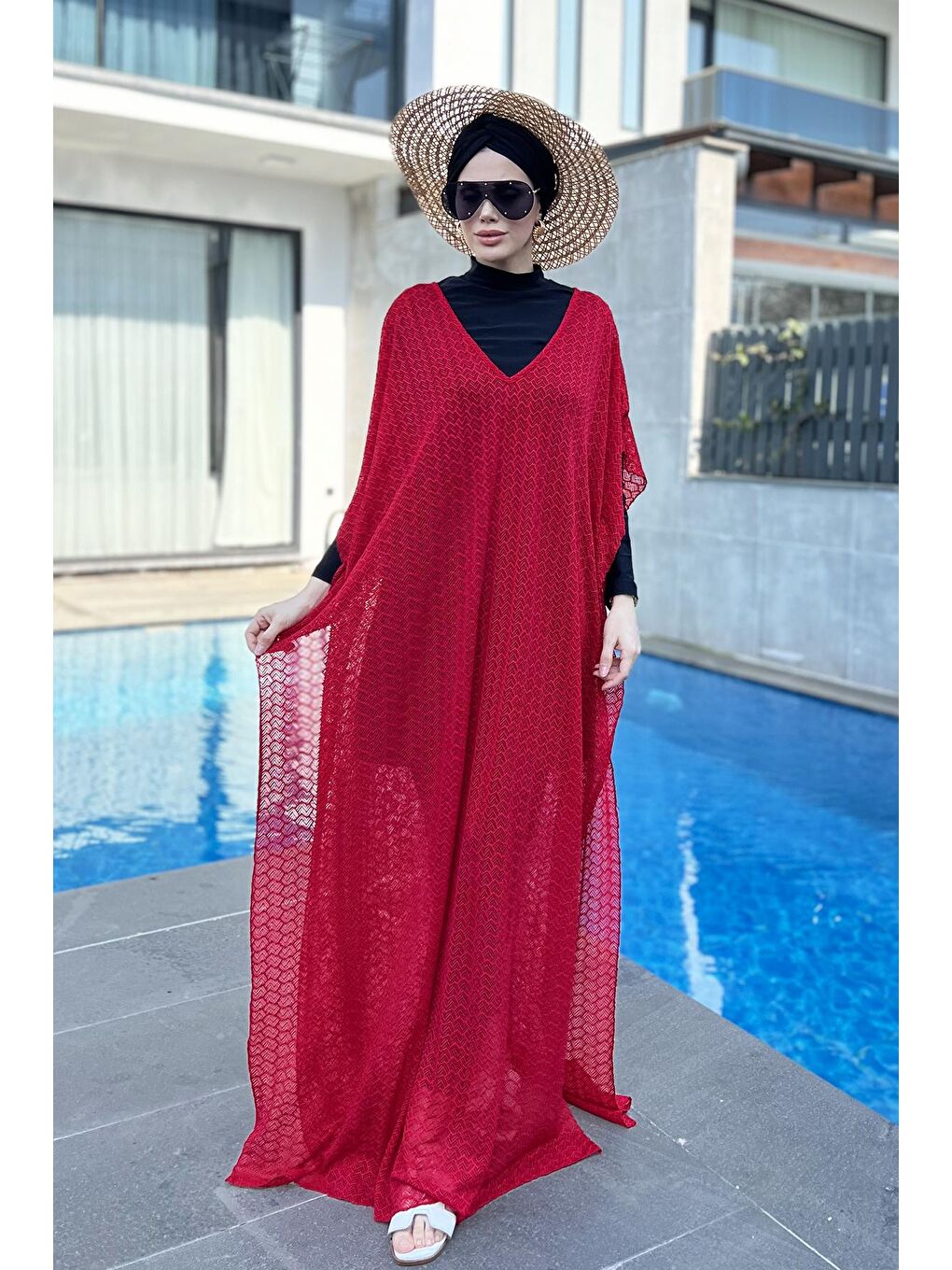 Mayo Üzerine Örme Kaftan Pareo 430-T4 Kırmızı