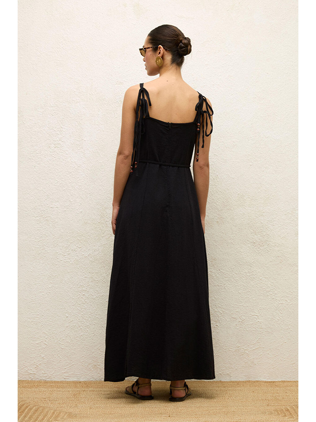 Siyah Askılı Pamuklu Elbise Natural-7