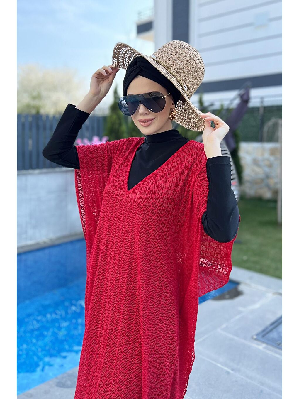 Mayo Üzerine Örme Kaftan Pareo 430-T4 Kırmızı-1