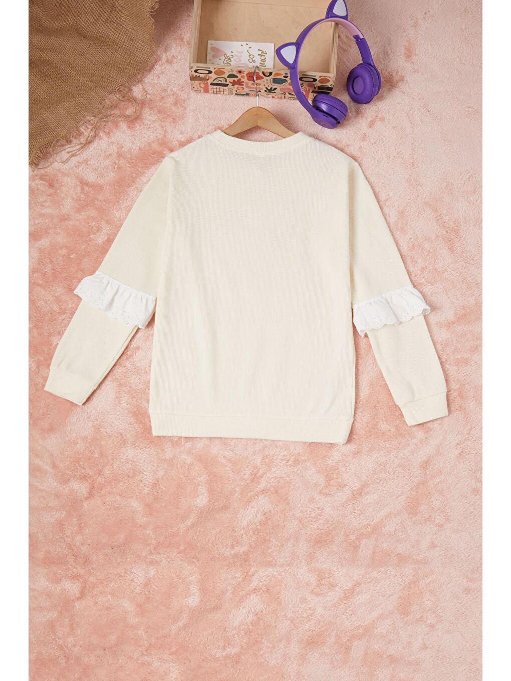 Ekru Krem Smile Nakışlı Kız Çocuk Waffle Sweatshirt 16589-4