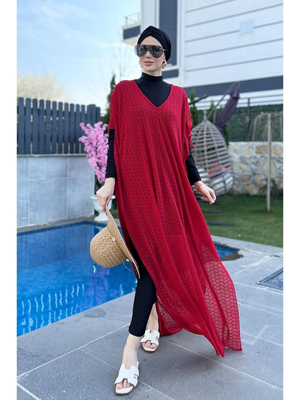 Mayo Üzerine Örme Kaftan Pareo 430-T4 Kırmızı-3