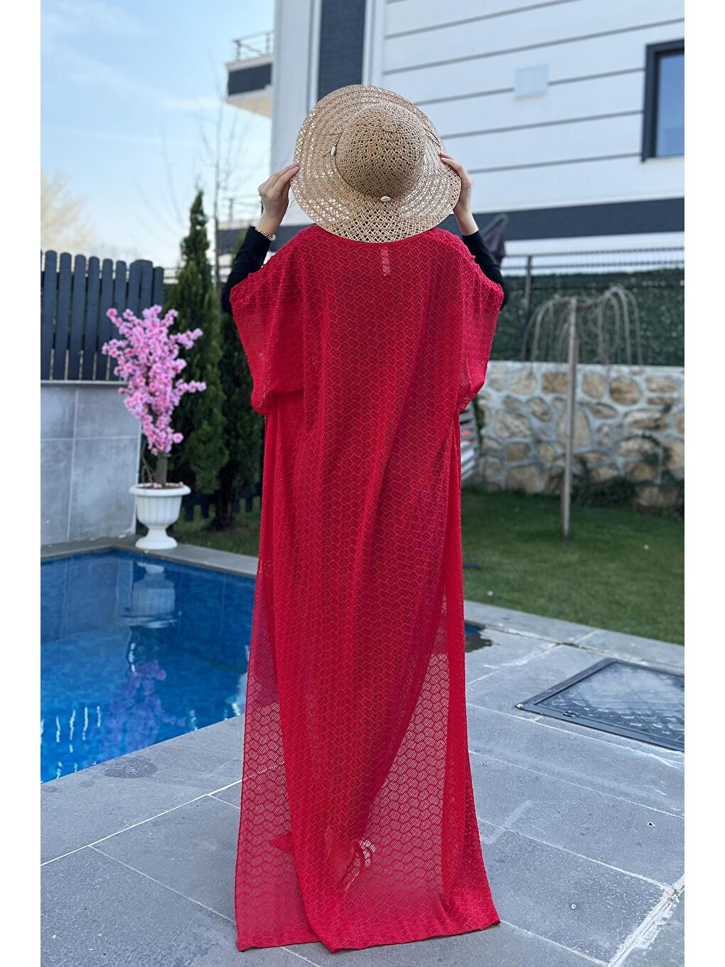Mayo Üzerine Örme Kaftan Pareo 430-T4 Kırmızı-4