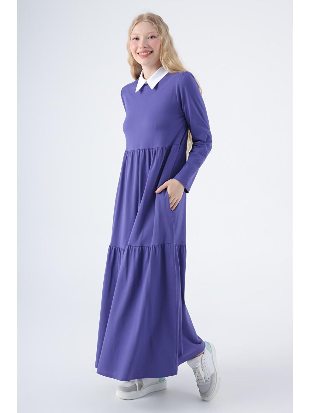 Mor Pamuklu Gömlek Yaka Cepli Fırfırlı Örme Elbise