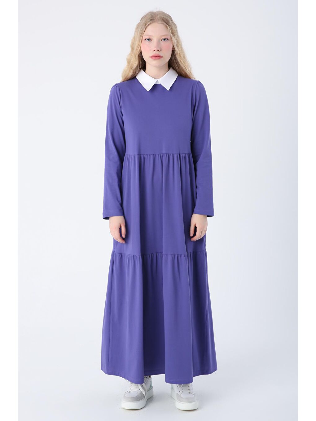 Mor Pamuklu Gömlek Yaka Cepli Fırfırlı Örme Elbise-1