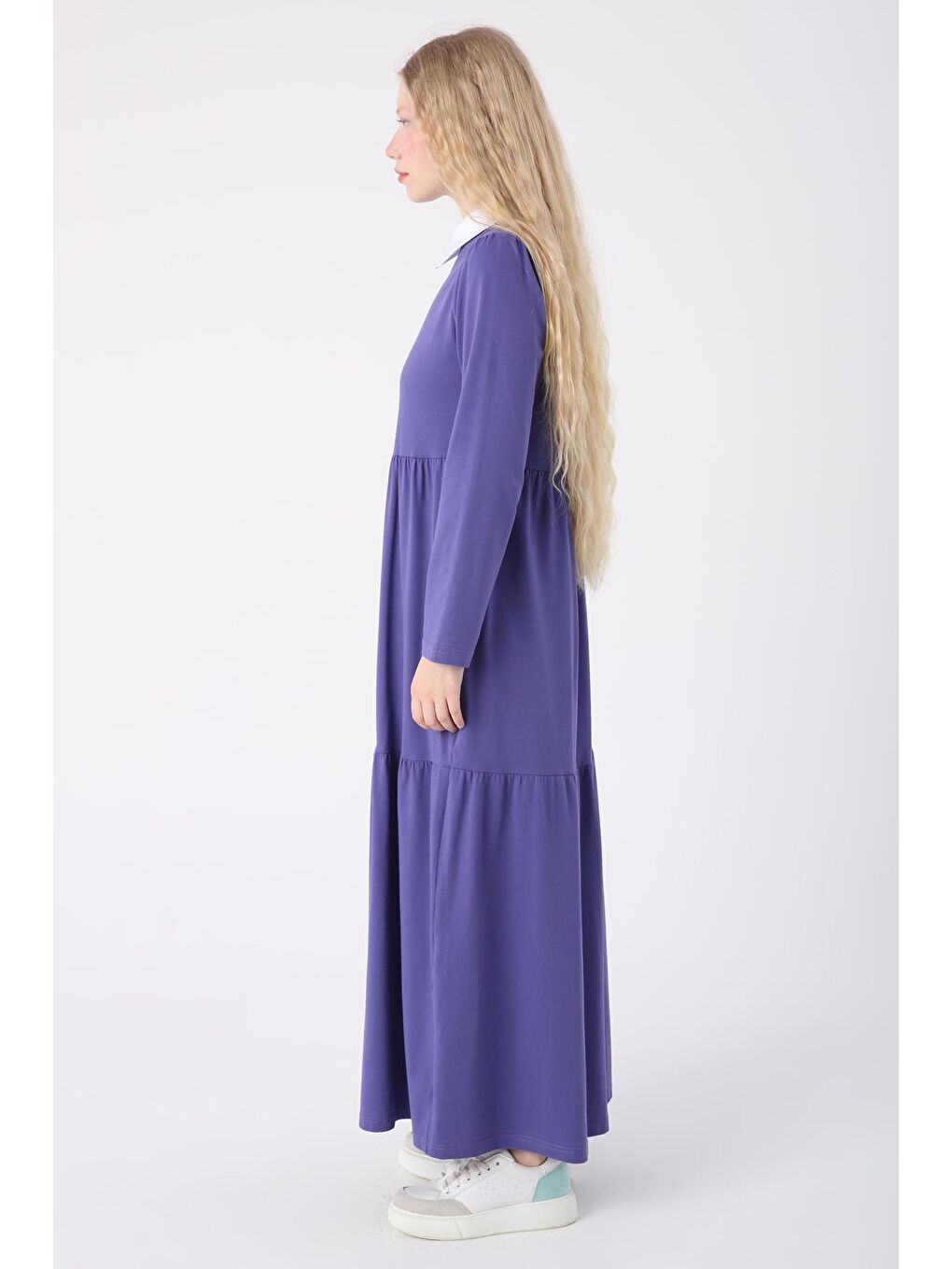 Mor Pamuklu Gömlek Yaka Cepli Fırfırlı Örme Elbise-2