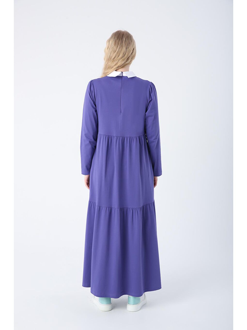 Mor Pamuklu Gömlek Yaka Cepli Fırfırlı Örme Elbise-3