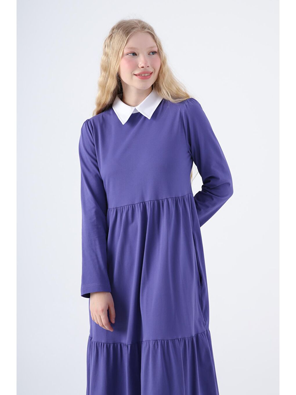 Mor Pamuklu Gömlek Yaka Cepli Fırfırlı Örme Elbise-4