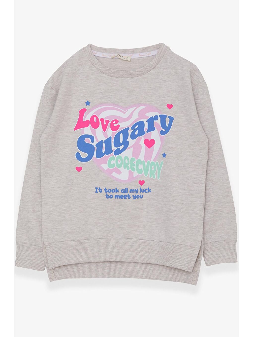 Kız Çocuk Sweatshirt Yazı Baskılı Yırtmaçlı Bej Melanj (9-14 Yaş)