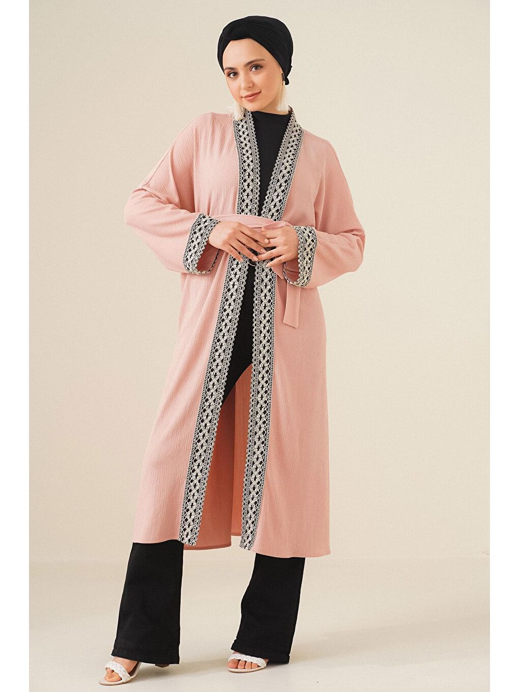 Bigdart Pembe 5865 Nakışlı Örme Uzun Kimono - Pudra