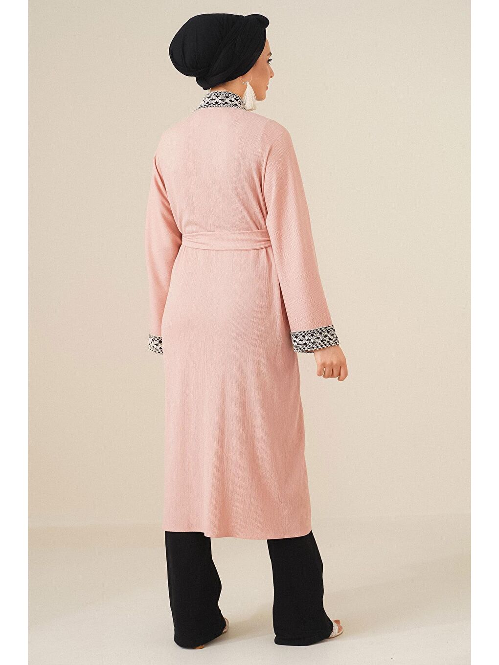 Bigdart Pembe 5865 Nakışlı Örme Uzun Kimono - Pudra - 1