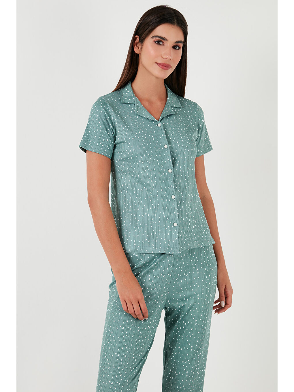 Yeşil Regular Fit Gömlek Yaka Kısa Kollu Pijama Takımı 65780124-5