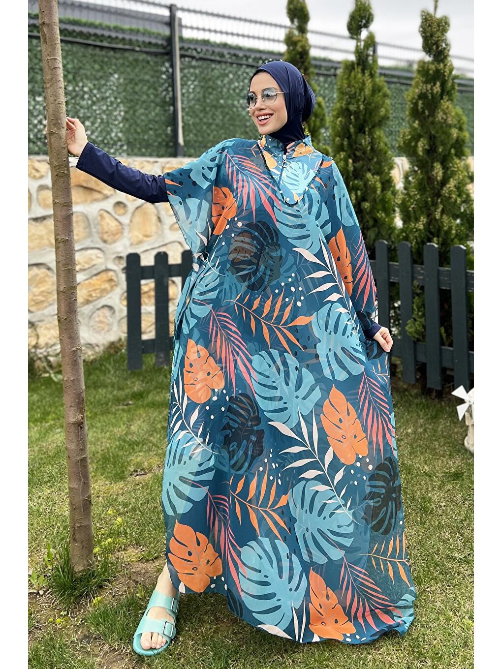 Lacivert Tesettür Mayo Üzerine Kaftan Pareo 430-302 Çeşme