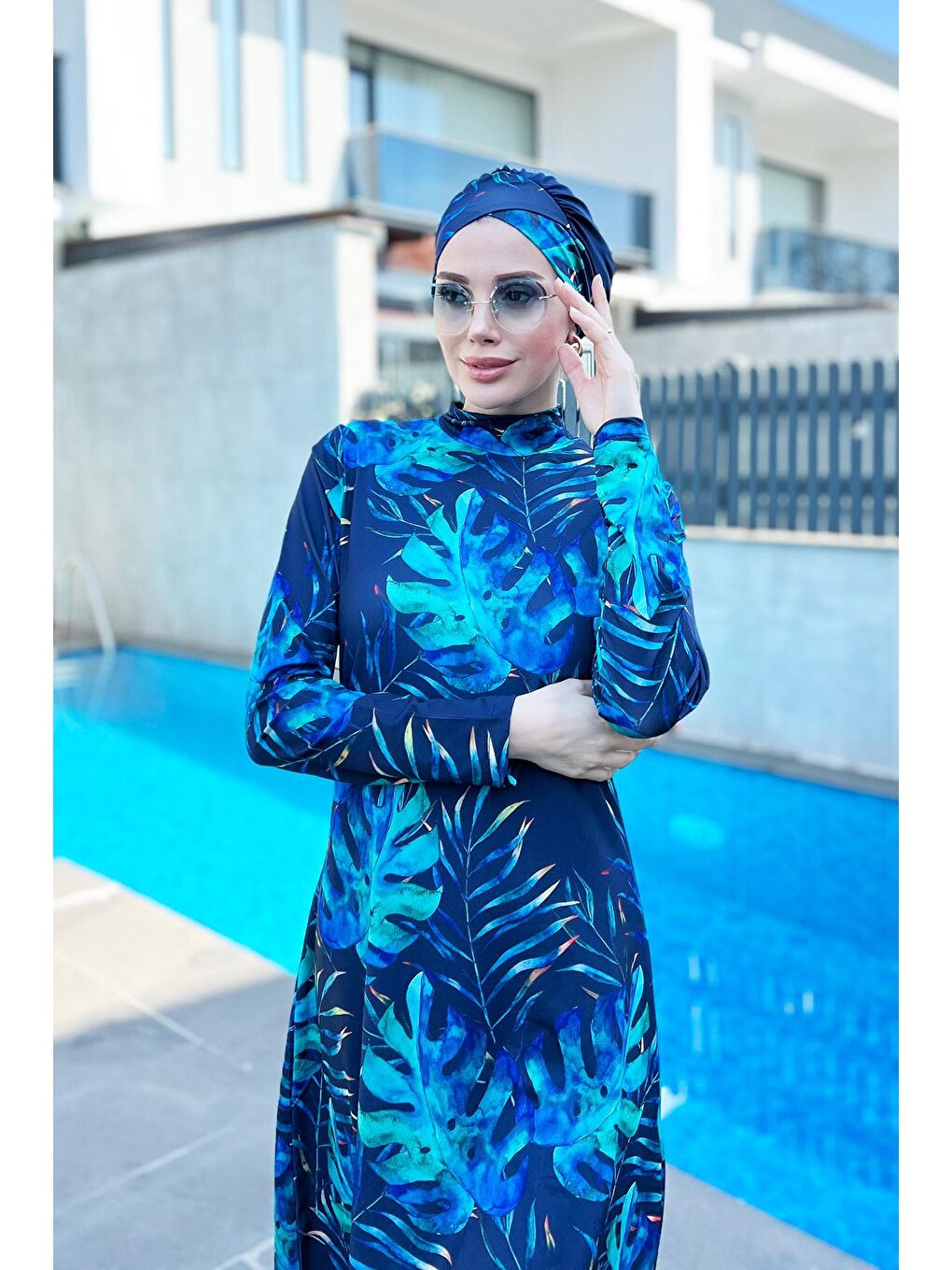 Lacivert Likralı Tam Kapalı Tesettür Mayo R056 Tropikal-4