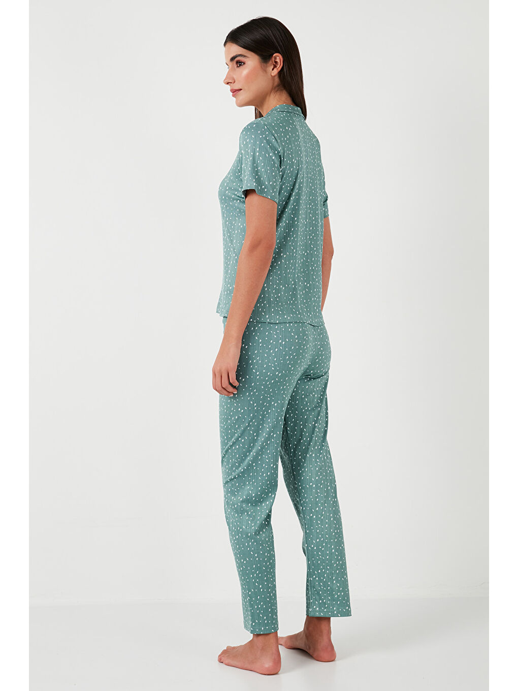 Yeşil Regular Fit Gömlek Yaka Kısa Kollu Pijama Takımı 65780124-6