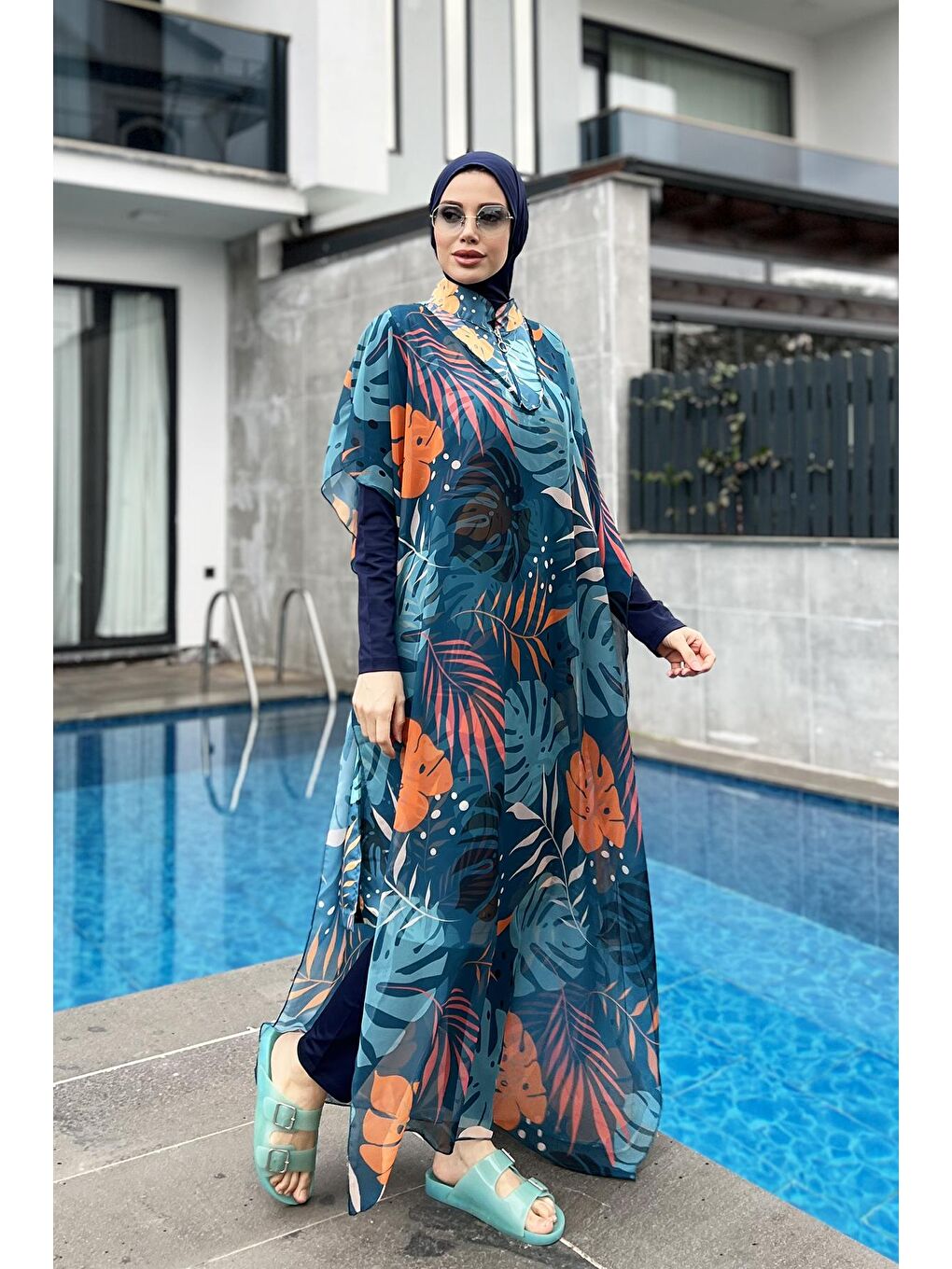 Lacivert Tesettür Mayo Üzerine Kaftan Pareo 430-302 Çeşme-1