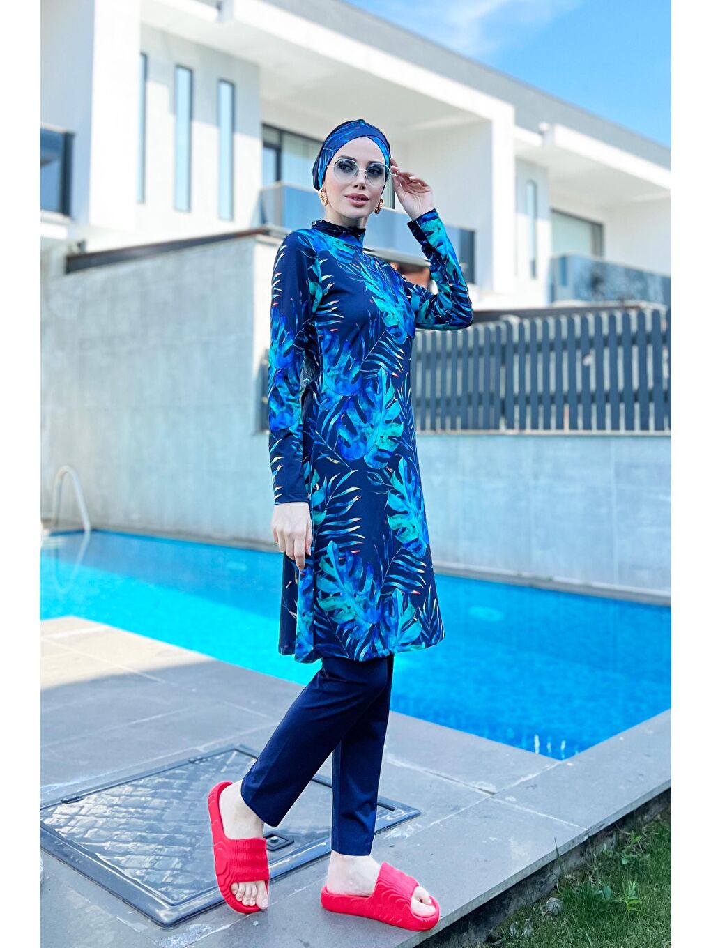 Lacivert Likralı Tam Kapalı Tesettür Mayo R056 Tropikal-5