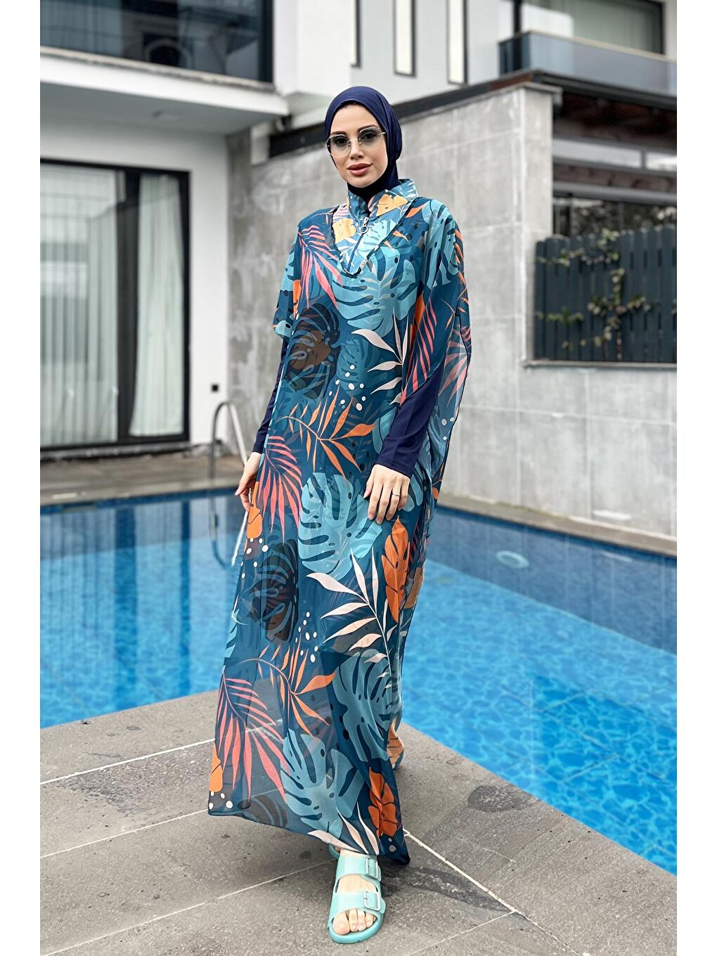 Lacivert Tesettür Mayo Üzerine Kaftan Pareo 430-302 Çeşme-2