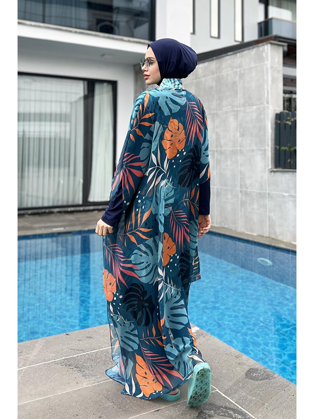 Lacivert Tesettür Mayo Üzerine Kaftan Pareo 430-302 Çeşme-3