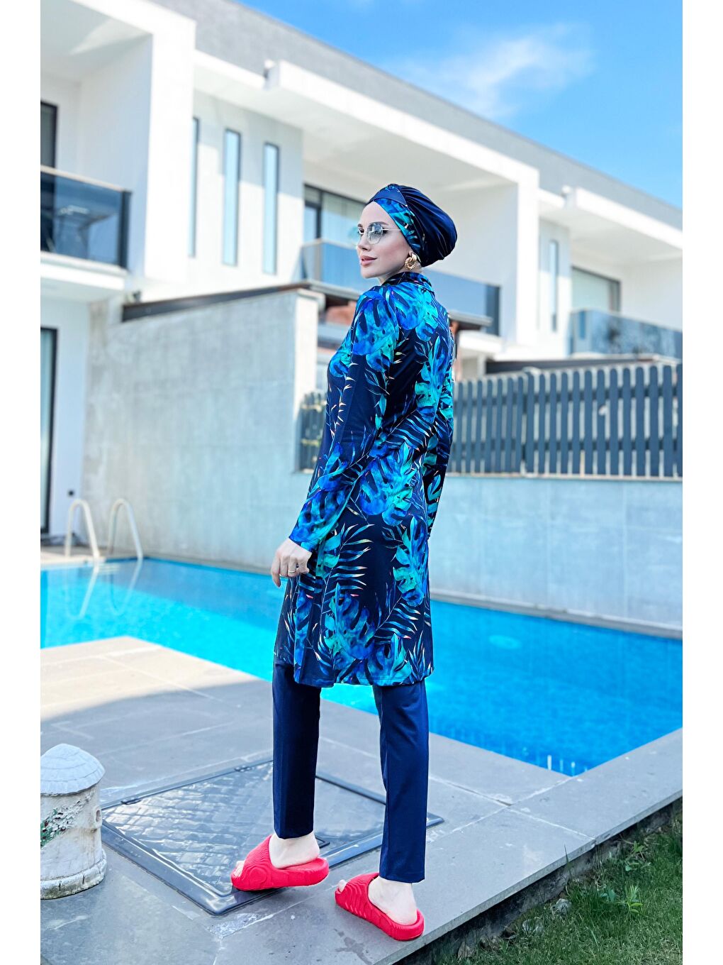 Lacivert Likralı Tam Kapalı Tesettür Mayo R056 Tropikal-6