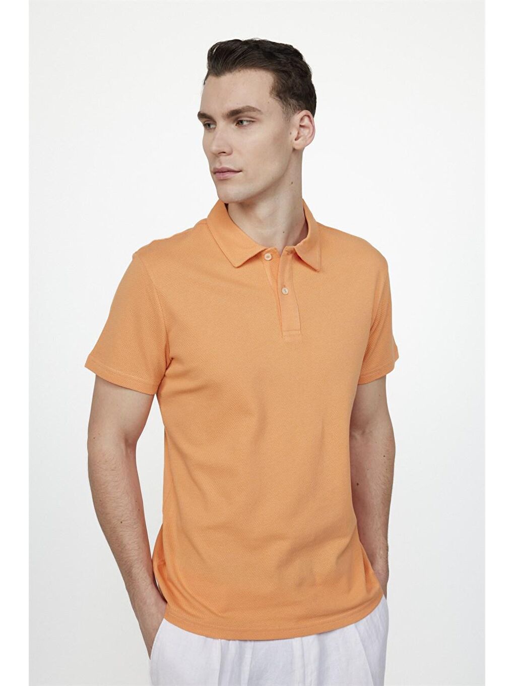 Slim Fit Desenli Polo Yaka Erkek Turuncu Tişört