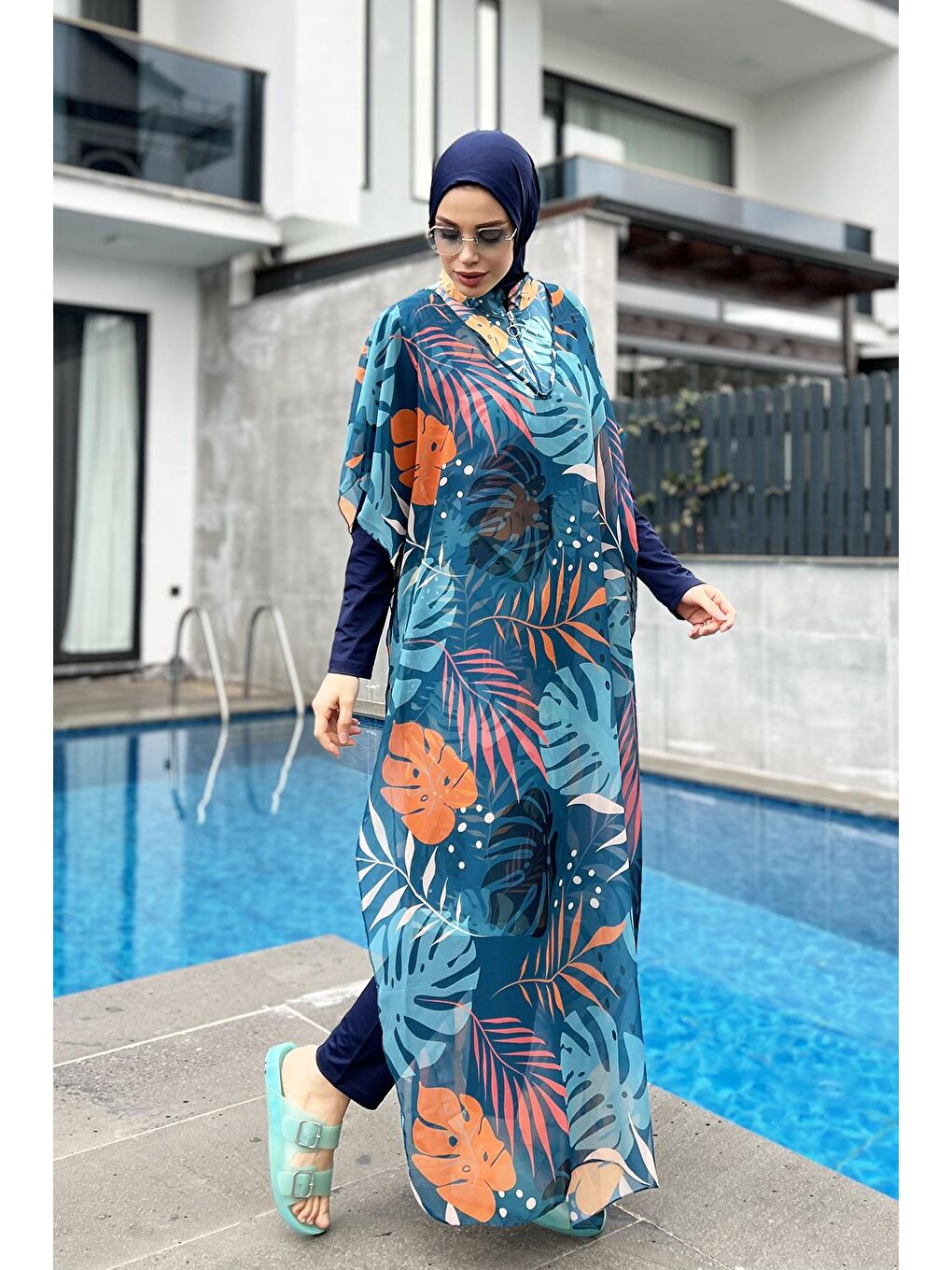 Lacivert Tesettür Mayo Üzerine Kaftan Pareo 430-302 Çeşme-4