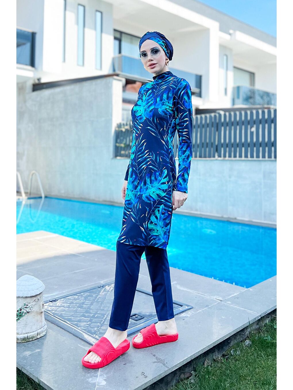 Lacivert Likralı Tam Kapalı Tesettür Mayo R056 Tropikal-7
