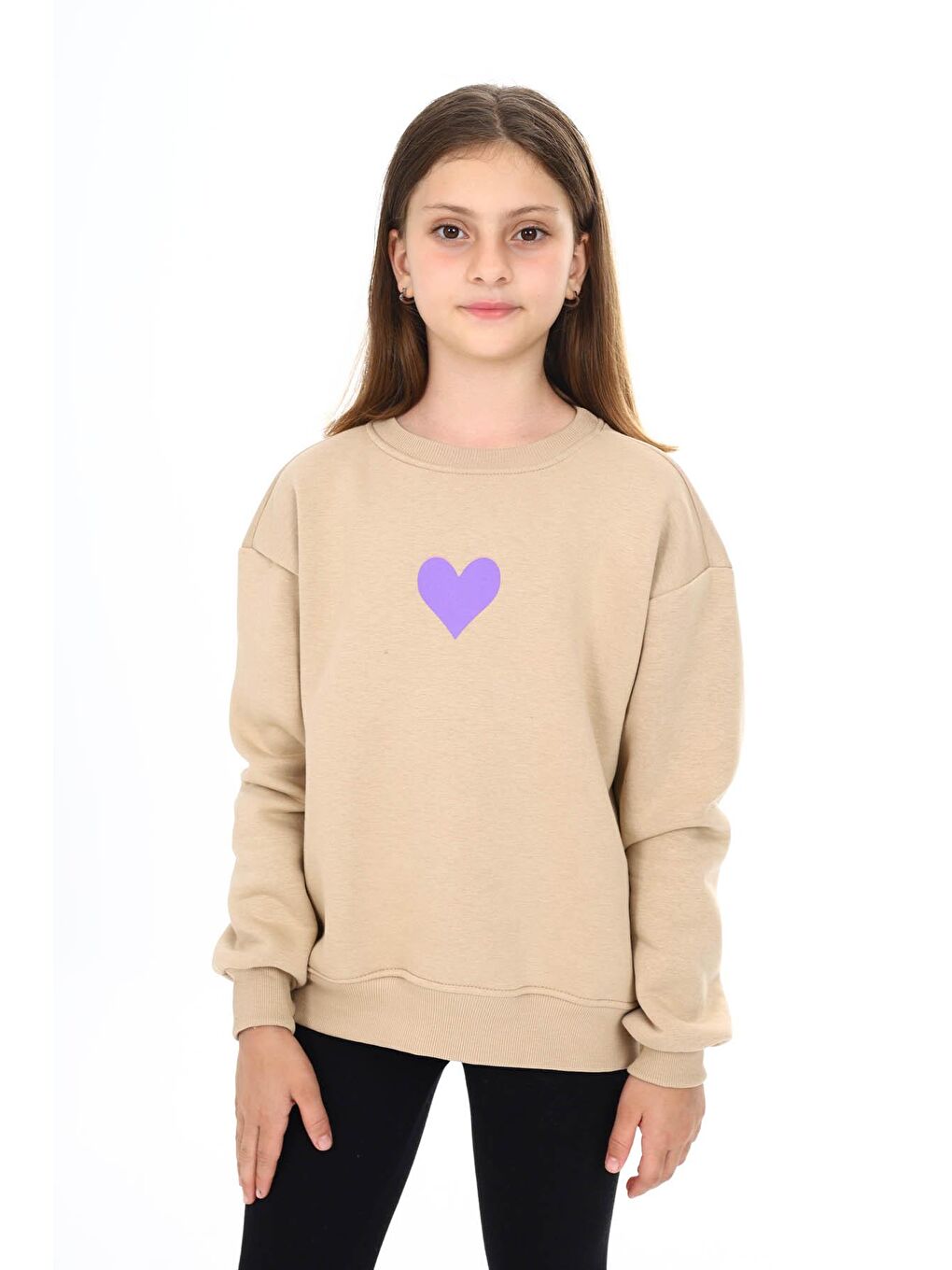Ekru Krem Kalp Baskılı Polarlı Kız Çocuk Sweatshirt 16471