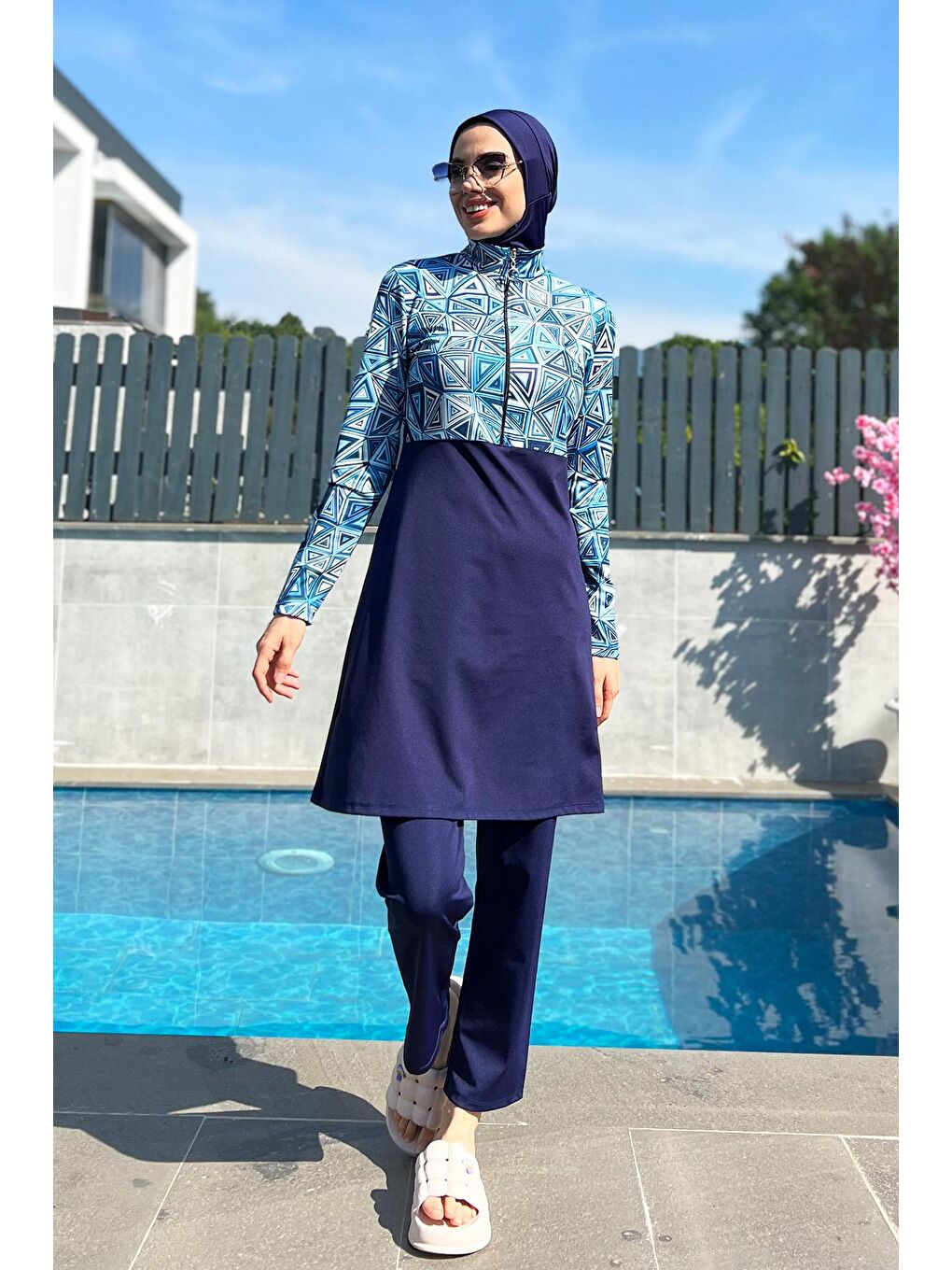 Lacivert Yarım Fermuarlı Elastanlı Tam Kapalı Mayo R4506 Üçgen-4