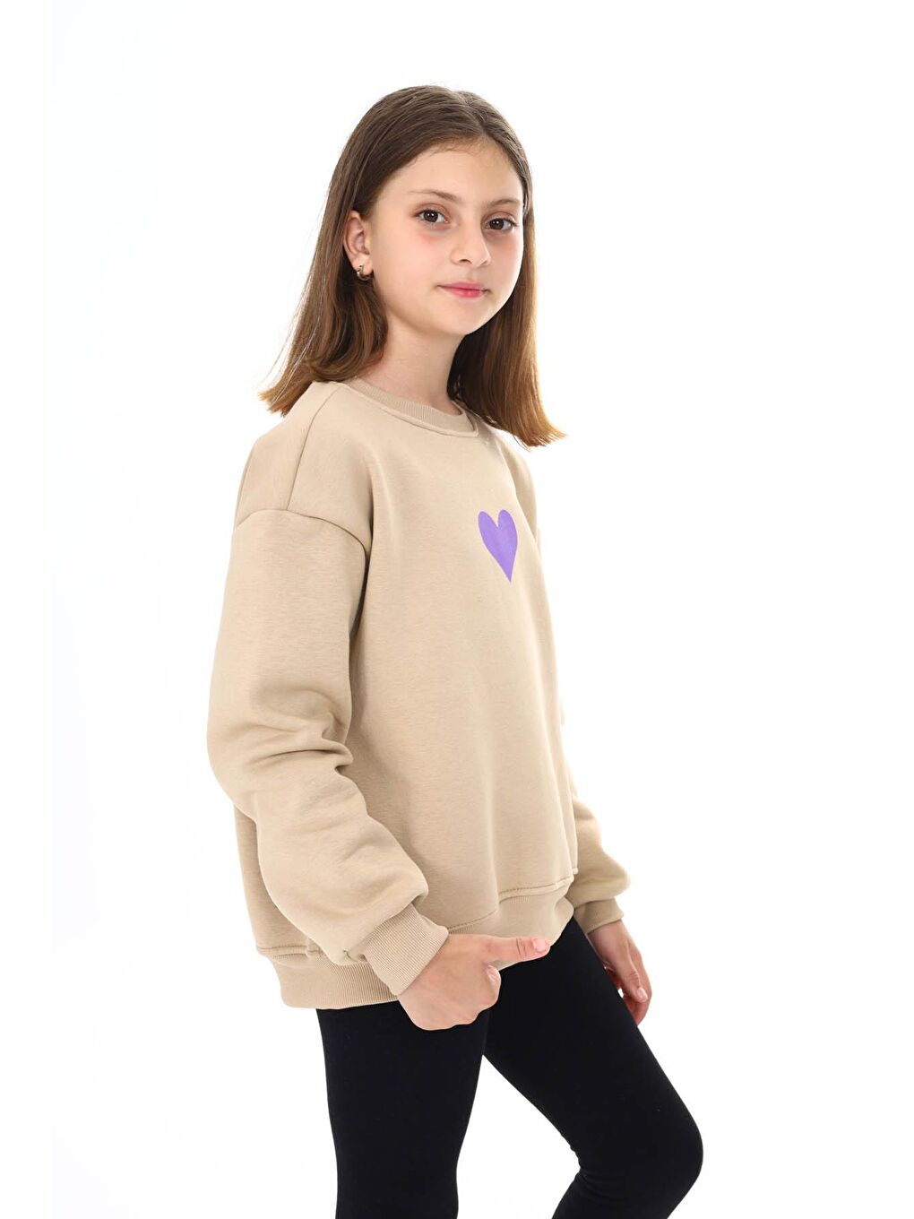Ekru Krem Kalp Baskılı Polarlı Kız Çocuk Sweatshirt 16471-1