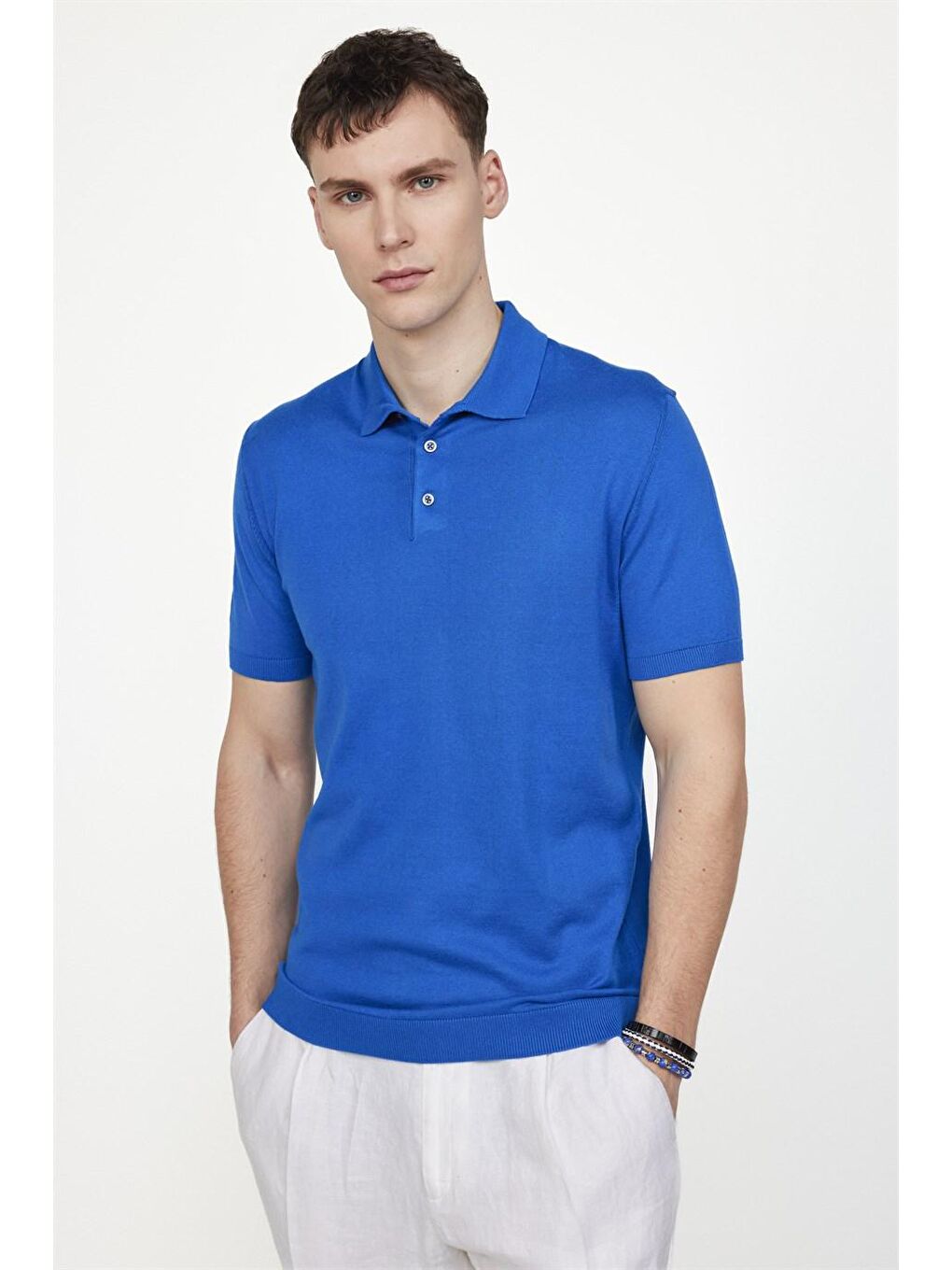 Erkek Slim Fit Dar Kesim Pamuklu Örme Triko Mavi Polo Yaka Tişört