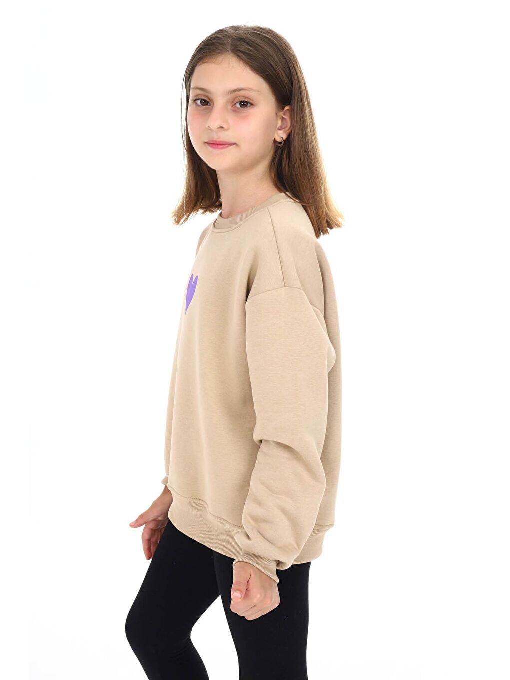 Ekru Krem Kalp Baskılı Polarlı Kız Çocuk Sweatshirt 16471-3