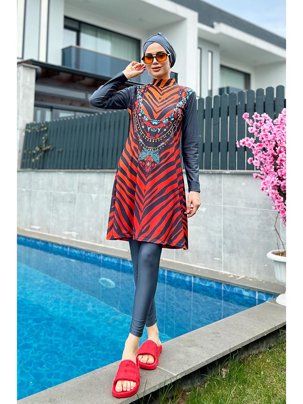 Gri Tasarım Tam Kapalı Tesettür Mayo 900-305 Kenya-4