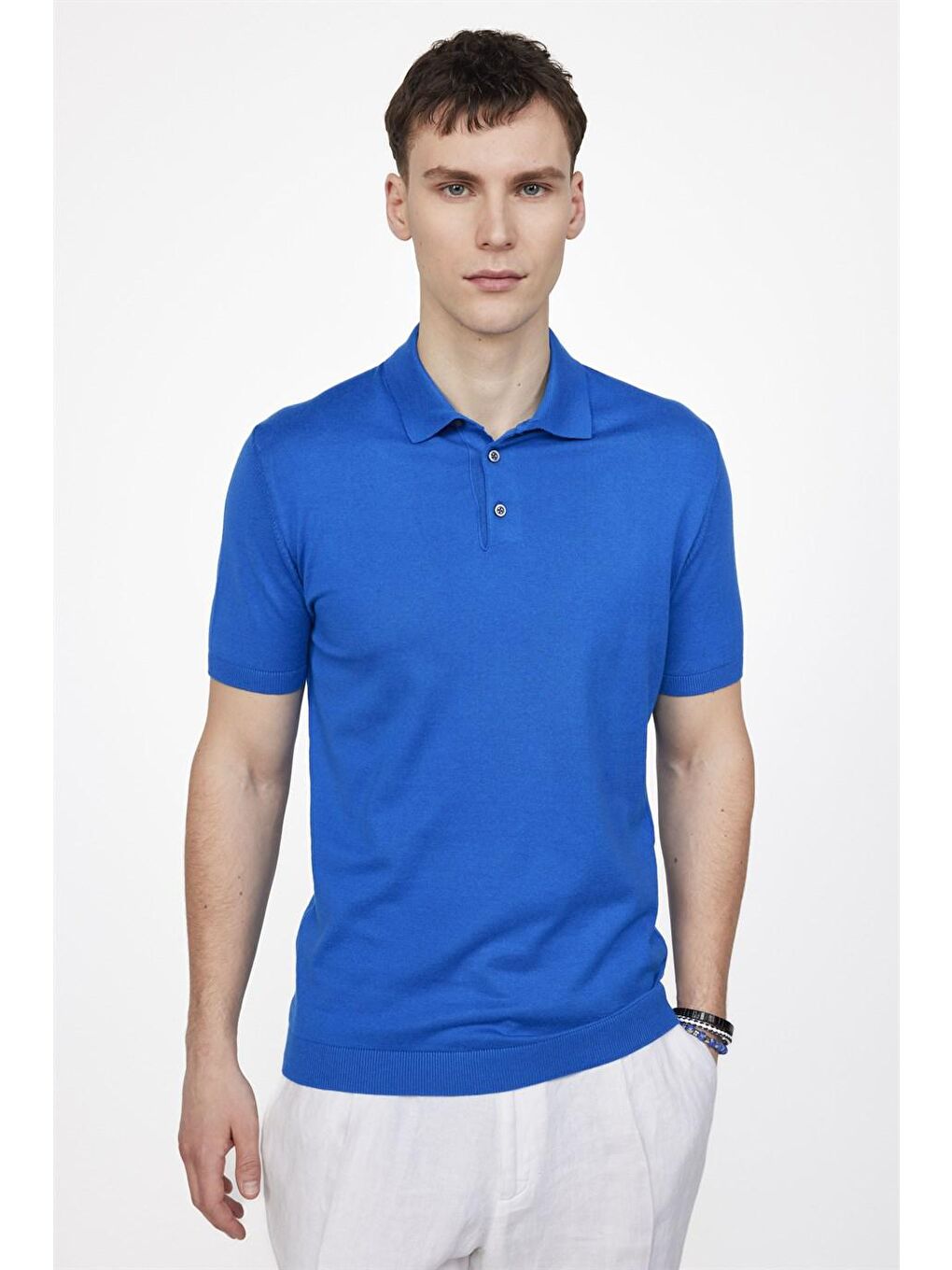 Erkek Slim Fit Dar Kesim Pamuklu Örme Triko Mavi Polo Yaka Tişört-1