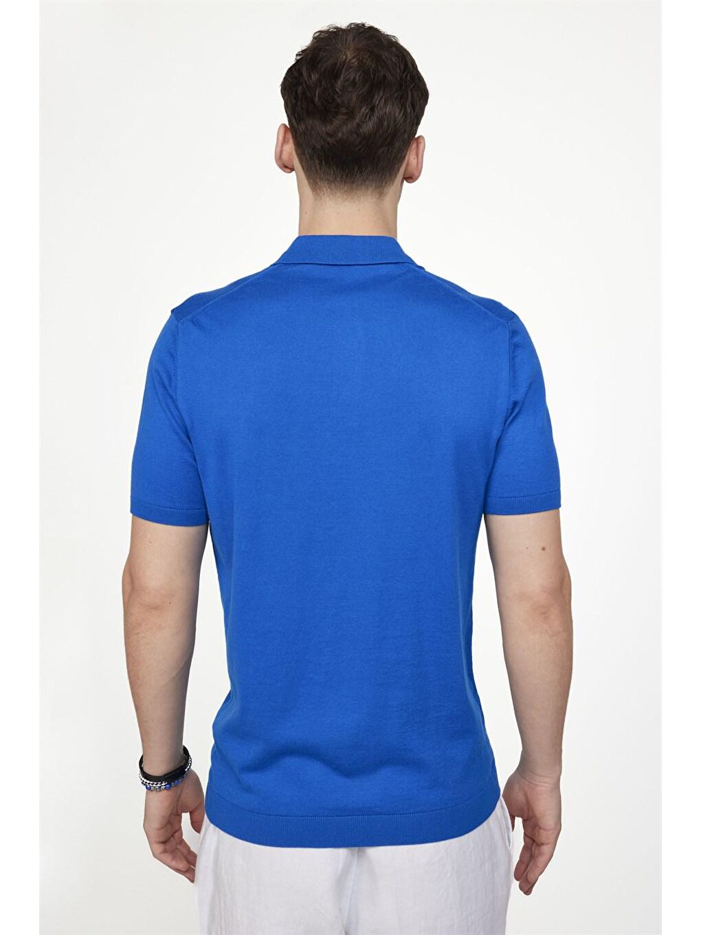 Erkek Slim Fit Dar Kesim Pamuklu Örme Triko Mavi Polo Yaka Tişört-3