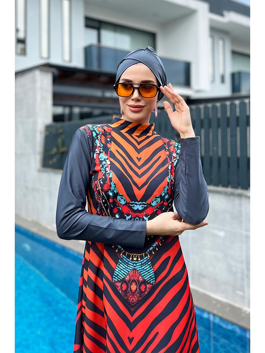 Gri Tasarım Tam Kapalı Tesettür Mayo 900-305 Kenya-7