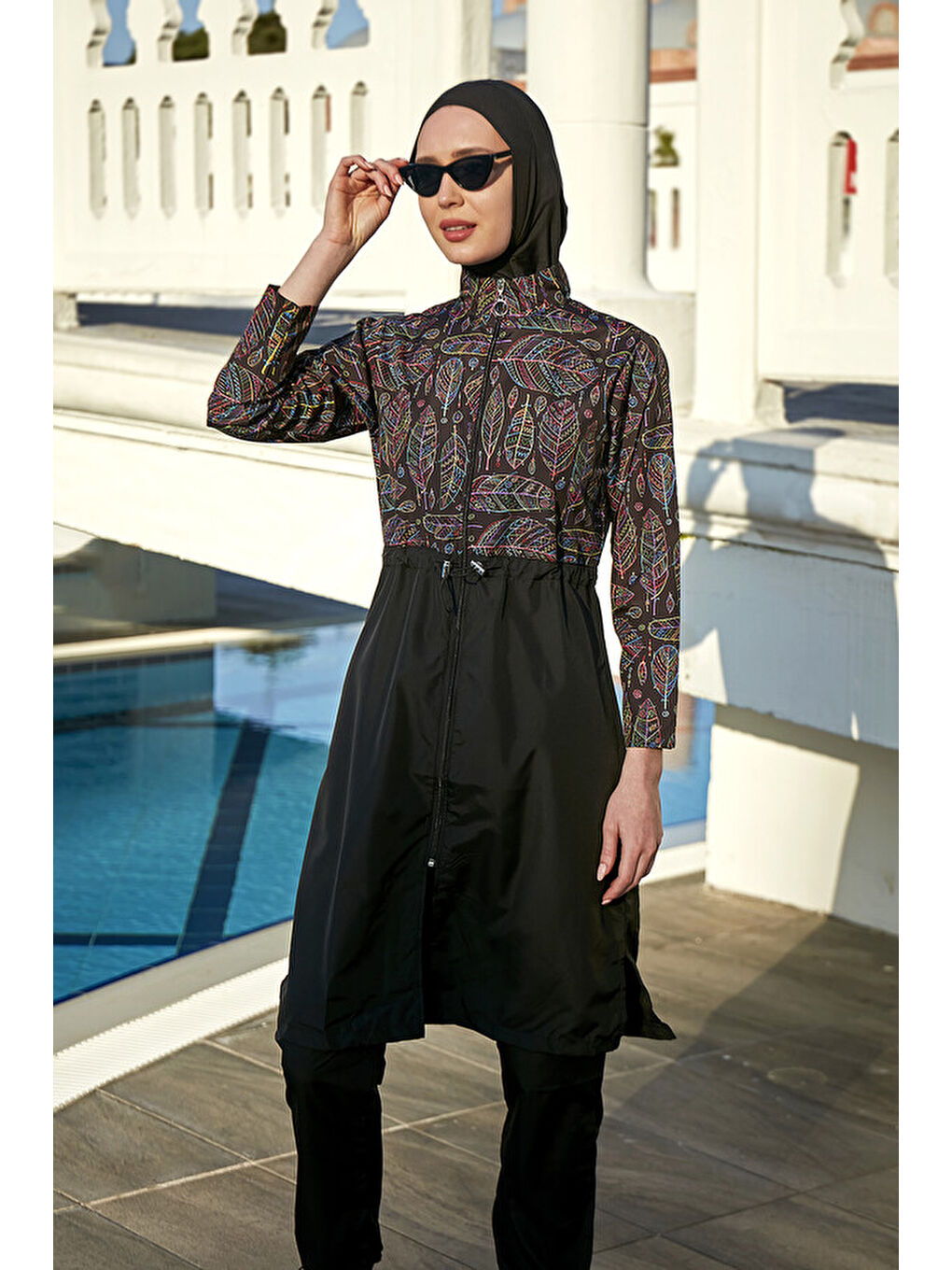 Siyah Paraşüt Tam Kapalı Tesettür Mayo Yaprak Tema 2115 Hülya-1