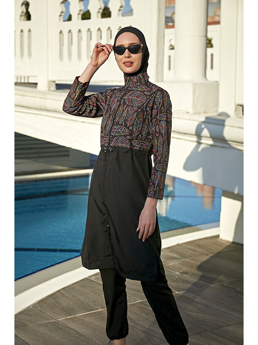 Siyah Paraşüt Tam Kapalı Tesettür Mayo Yaprak Tema 2115 Hülya-2