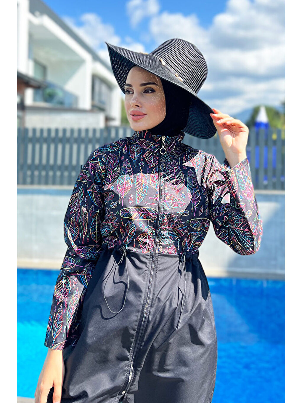 Siyah Paraşüt Tam Kapalı Tesettür Mayo Yaprak Tema 2115 Hülya-3