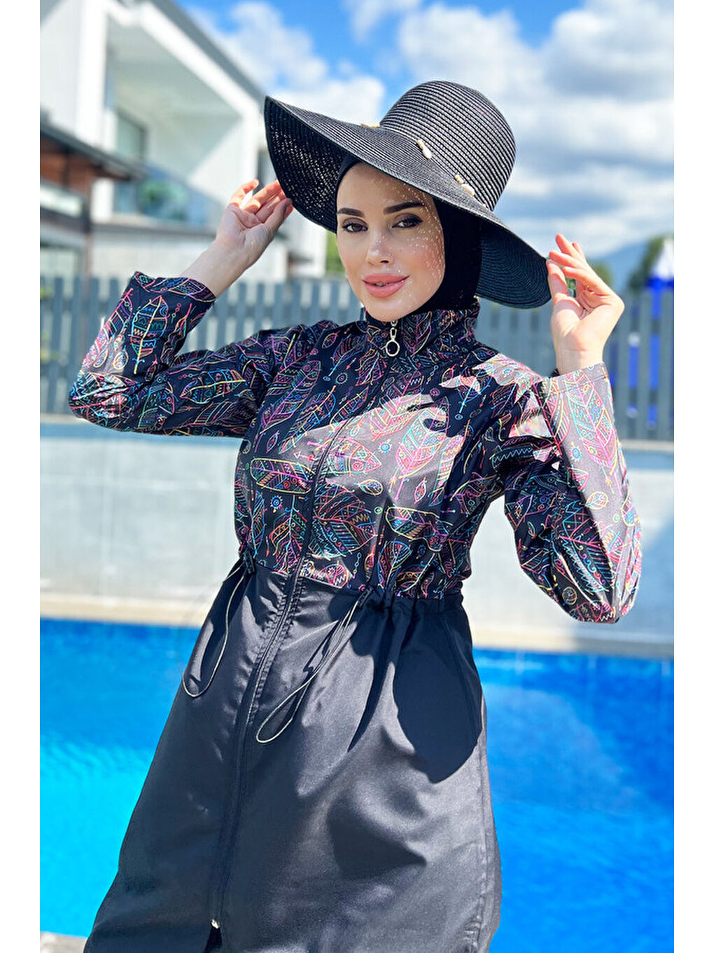 Siyah Paraşüt Tam Kapalı Tesettür Mayo Yaprak Tema 2115 Hülya-4