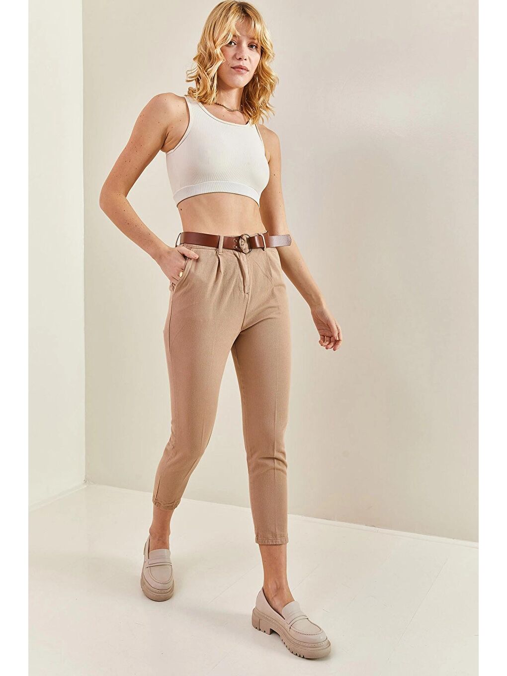 Kahverengi Kadın Beli Lastikli Kemerli Pantolon