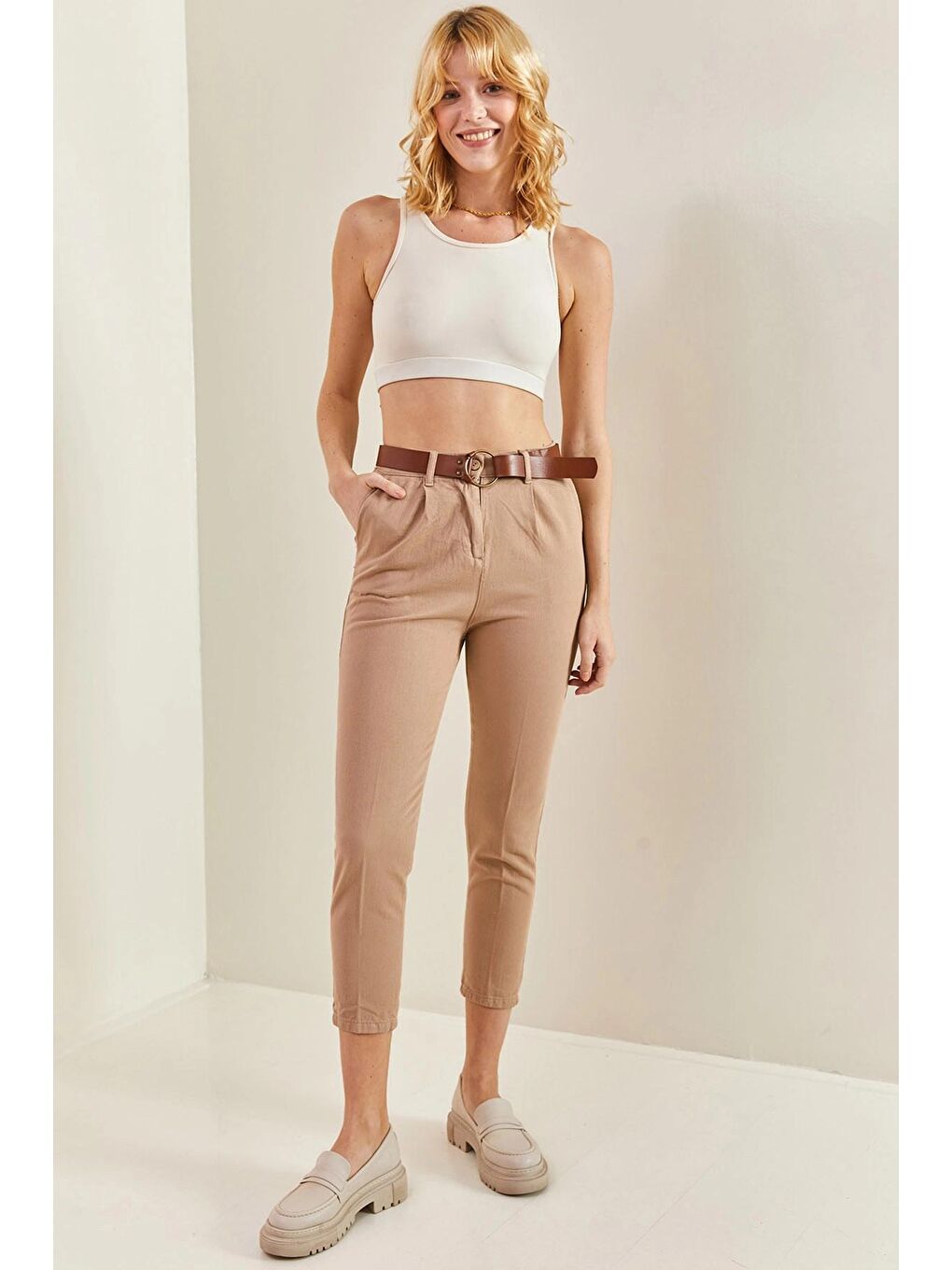 Kahverengi Kadın Beli Lastikli Kemerli Pantolon-1