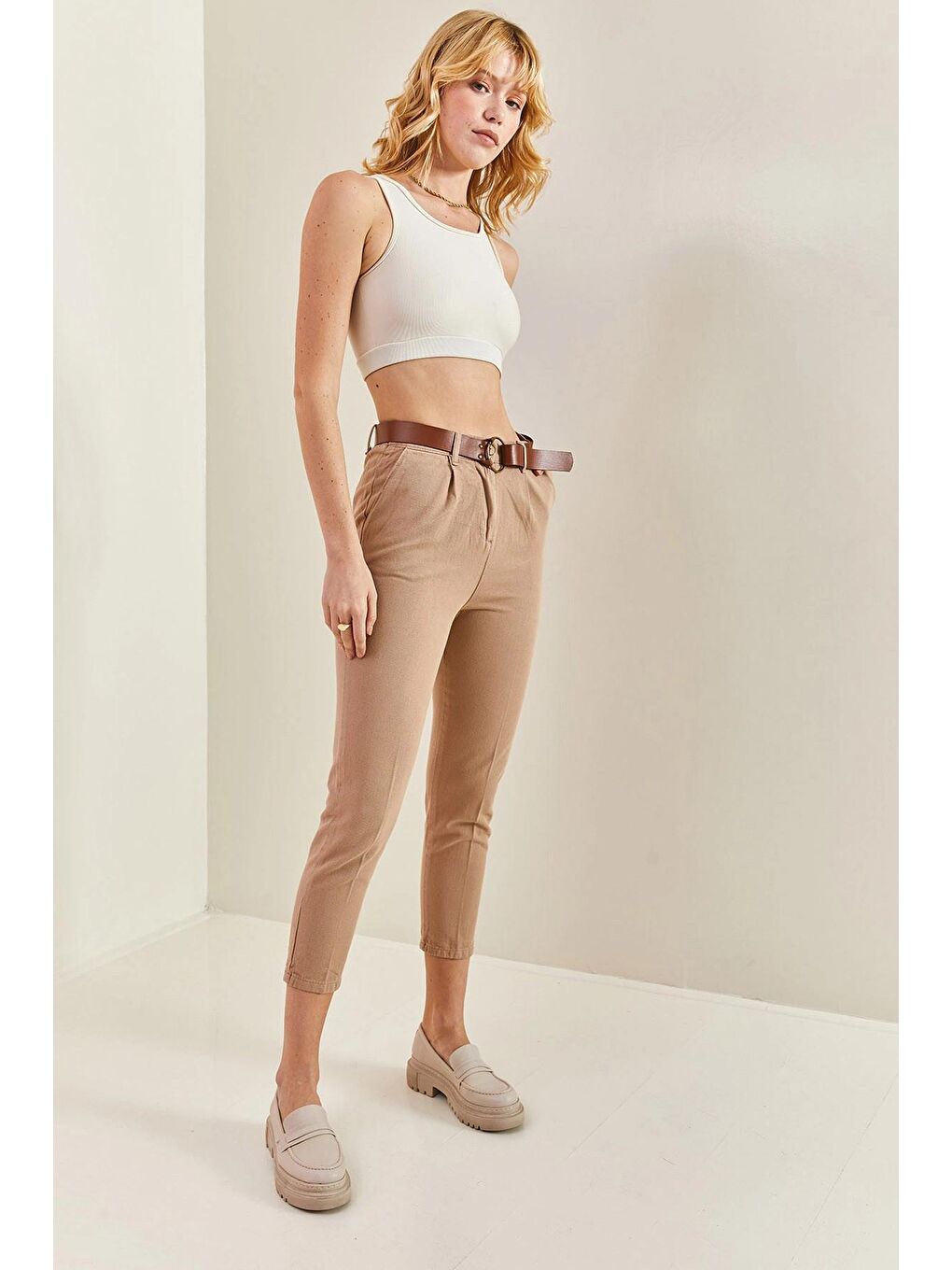 Kahverengi Kadın Beli Lastikli Kemerli Pantolon-2